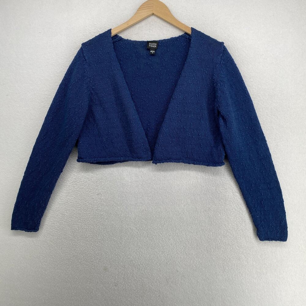 EILEEN FISHER Sweater S Cotton Nubble Open Front Cropped Cardigan Blue HK VTG
